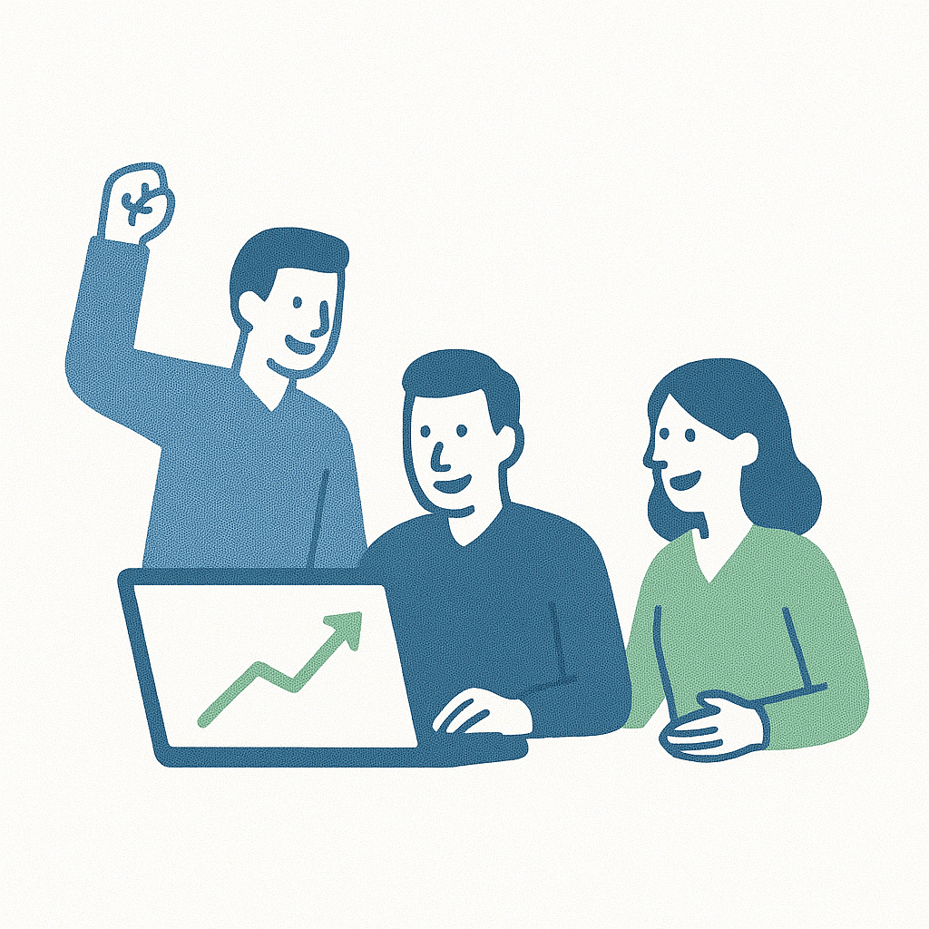 Équipe souriante autour d’un ordinateur affichant une courbe ascendante, symbole de performance retrouvée.