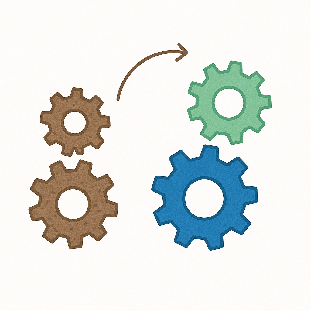 Rouages rouillés se transformant en engrenages modernes et brillants, symbolisant la modernisation des processus.