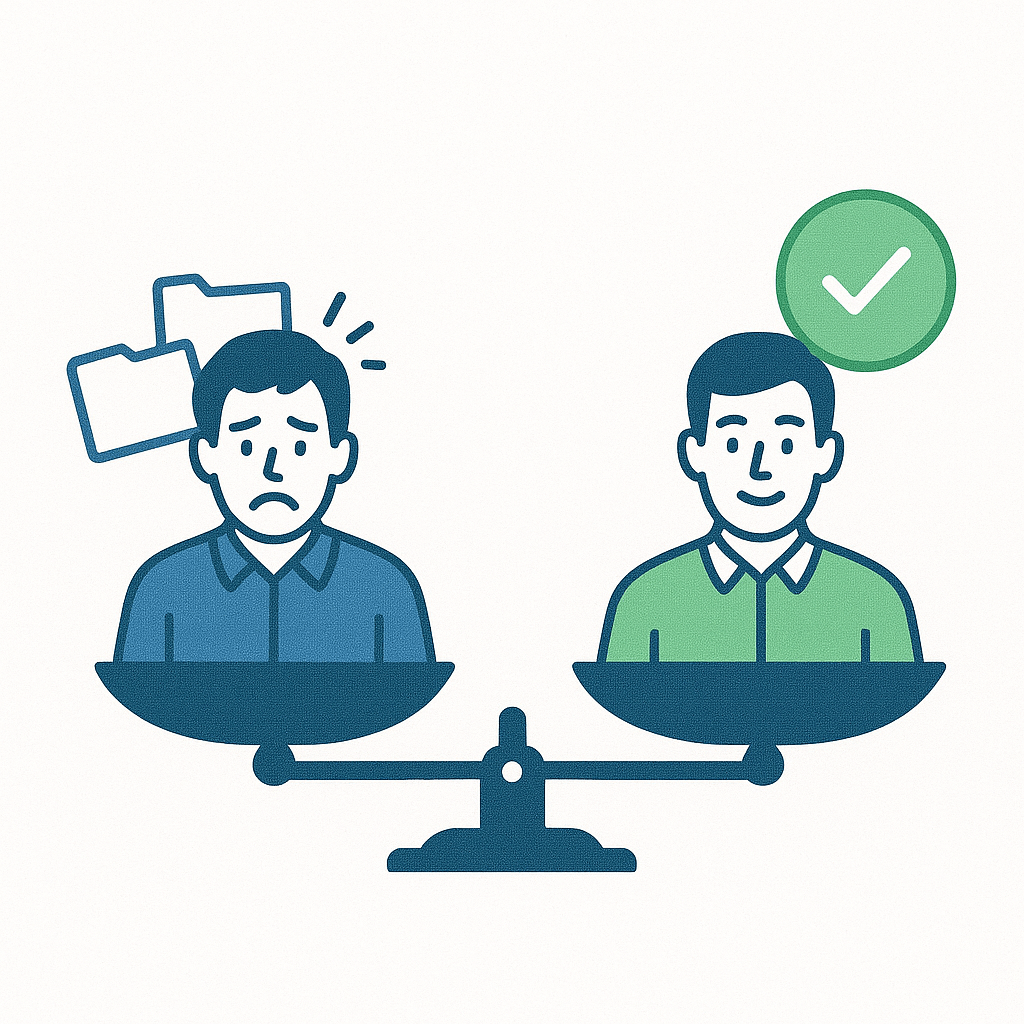 Balance avec un client mécontent d’un côté et un client satisfait de l’autre, symbolisant la différence de qualité de service.