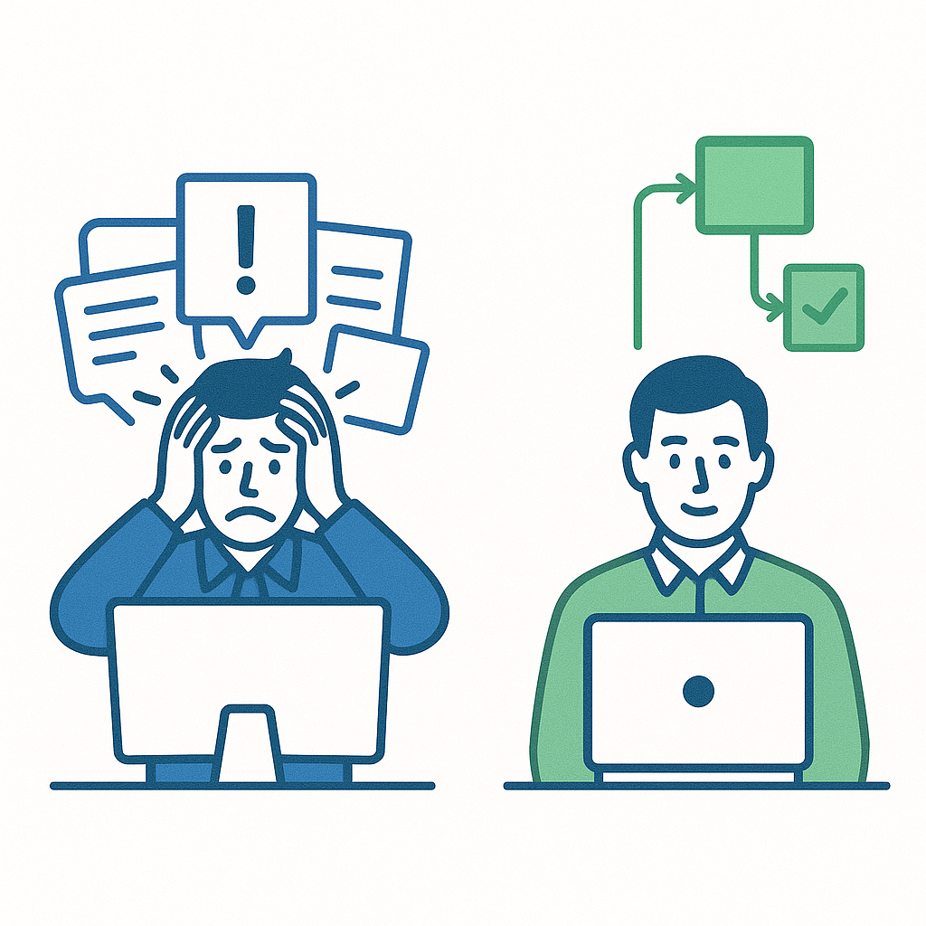 Deux employés : l’un stressé devant un écran surchargé, l’autre serein grâce à un processus fluide.