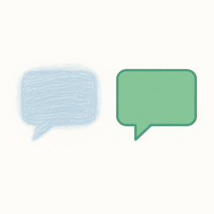 Deux bulles de dialogue, l’une floue et l’autre nette, illustrant la parole impeccable.