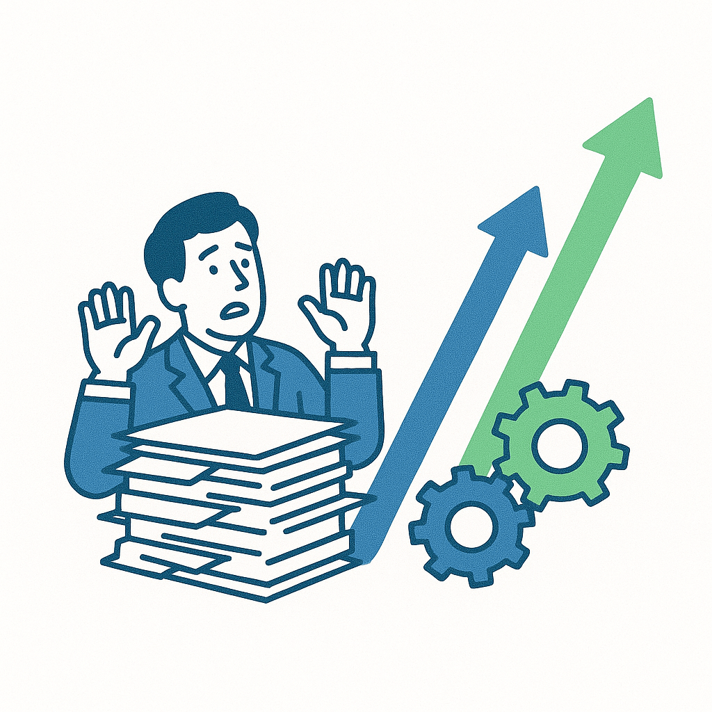 Employé observant des flèches d’opportunités passer au-dessus de lui, bloqué par des piles de documents.