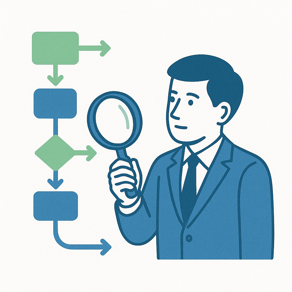 Personne analysant un diagramme de workflow coloré avec une loupe pour repérer les inefficiences.
