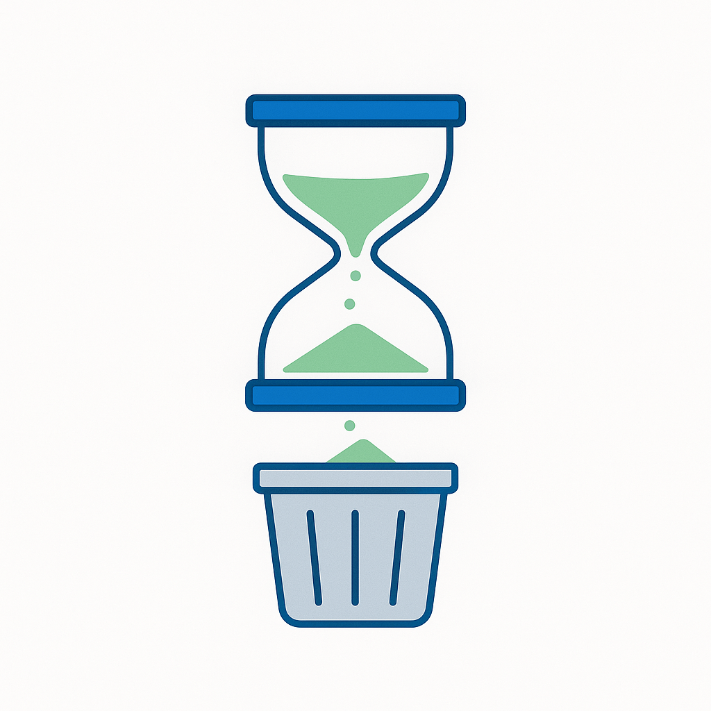 Illustration d’un sablier se vidant dans une corbeille à papier, représentant le temps perdu à cause de processus inefficaces.
