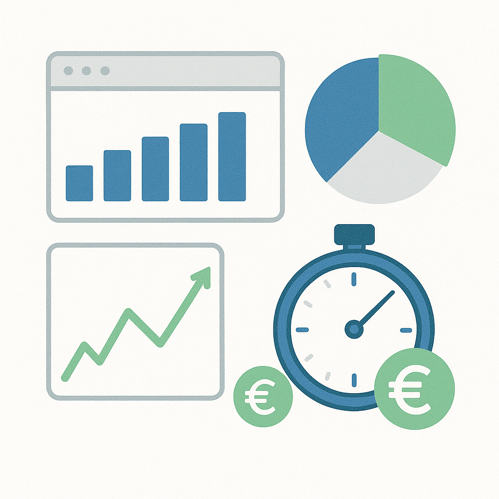 Tableau de bord analytique avec graphiques, chronomètre et symbole euro représentant le lien entre temps et coût.