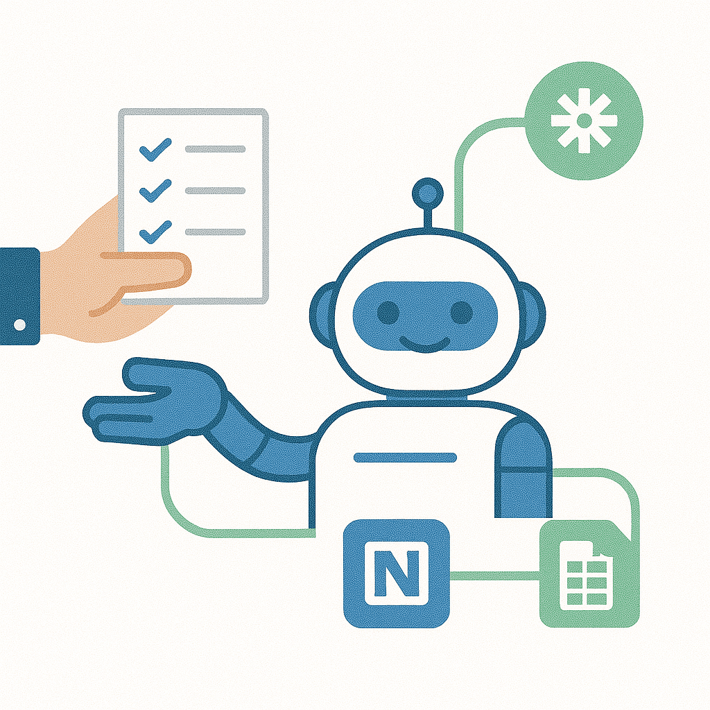 Main humaine transmettant des tâches à un petit robot relié à des icônes d’applications d’automatisation.