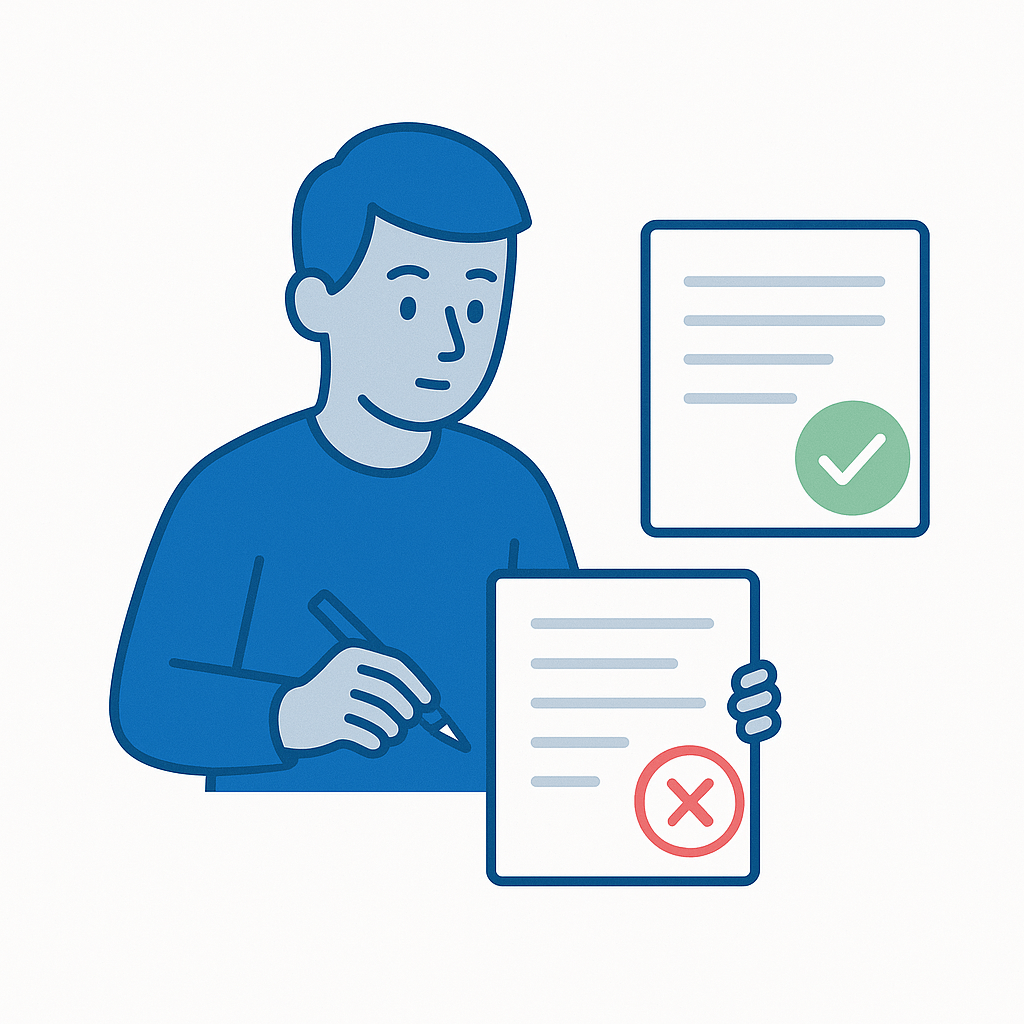 Personne corrigeant un document avec un stylo rouge tandis qu’un second document validé apparaît à côté, illustrant la reprise de tâches.