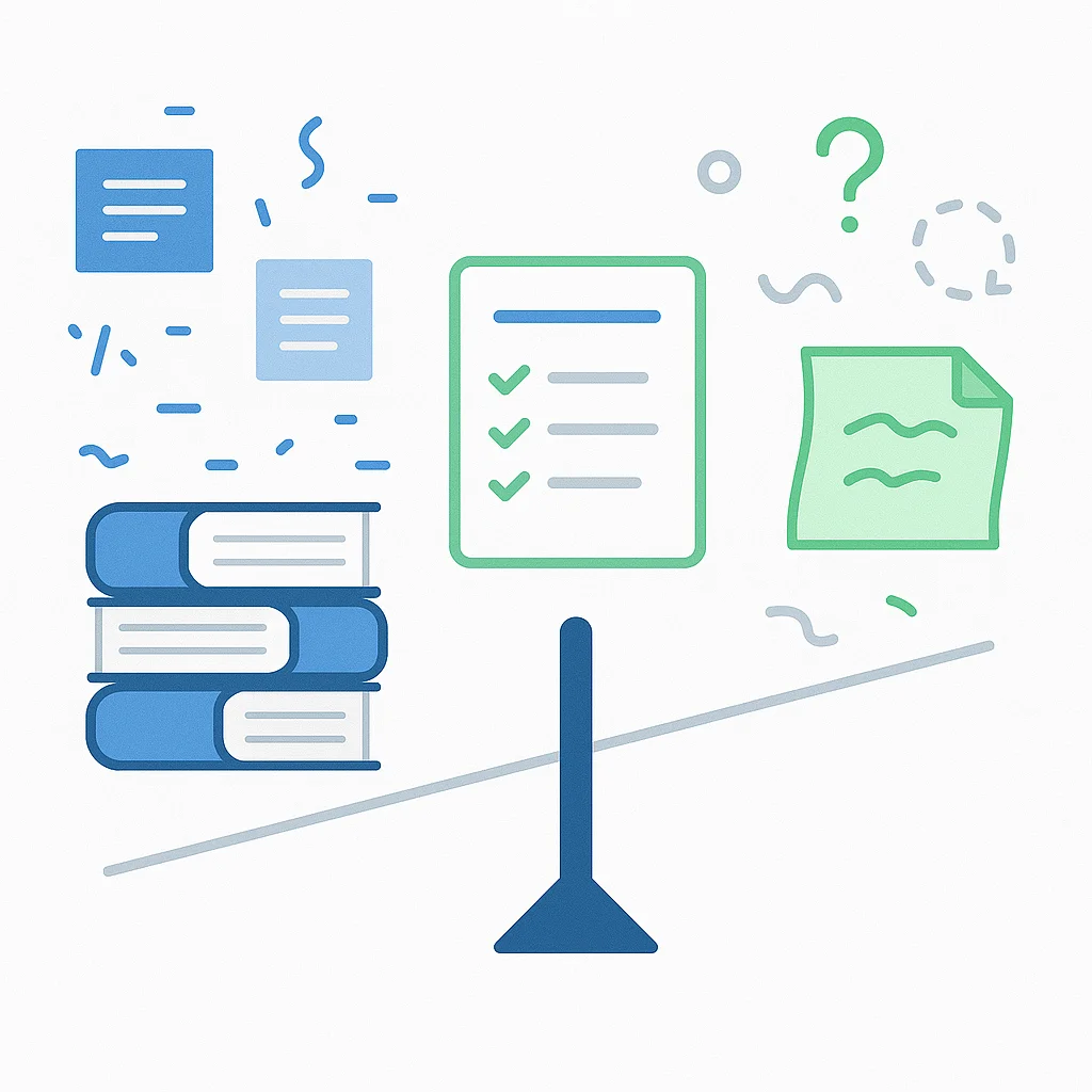 Illustration montrant l’équilibre entre checklist simple et documentation de processus détaillée.