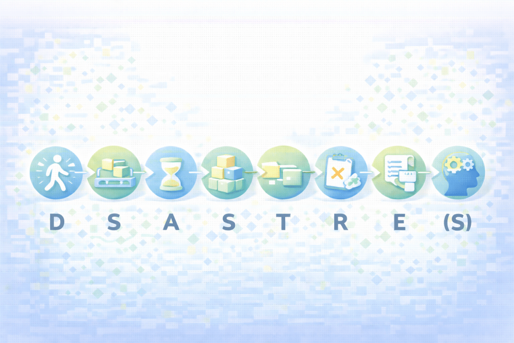 Illustration du moyen mnémotechnique DSASTRE(S) pour retenir les muda