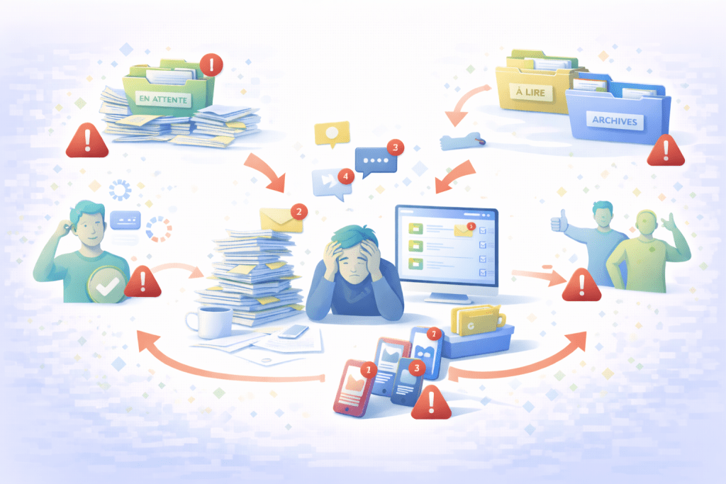 Illustration des muda, gaspillages invisibles dans le travail de services