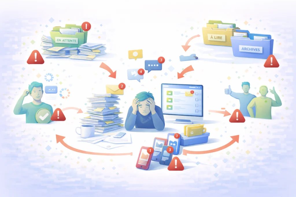 Illustration des muda, gaspillages invisibles dans le travail de services