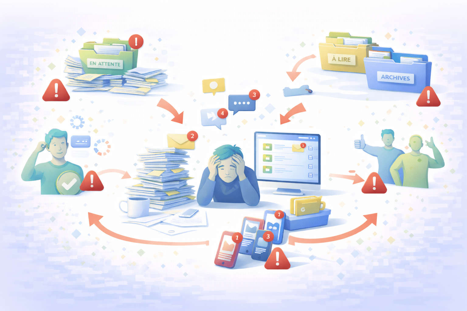 Illustration des muda, gaspillages invisibles dans le travail de services