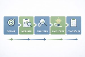 Infographie présentant les cinq étapes de la méthode DMAIC pour améliorer un processus existant
