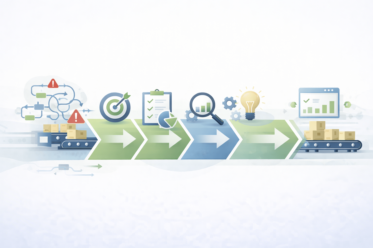 Illustration de la méthode DMAIC montrant un processus structuré en cinq étapes pour améliorer durablement un problème opérationnel