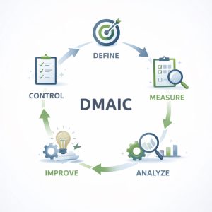 Schéma global de la méthode DMAIC issue du Lean Six Sigma avec les cinq étapes Définir, Mesurer, Analyser, Améliorer et Contrôler