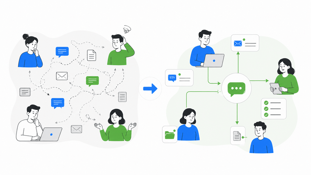 Illustration vectorielle d’une petite équipe avec des échanges mieux organisés, des informations clarifiées et une circulation plus fluide entre les différents canaux de communication.