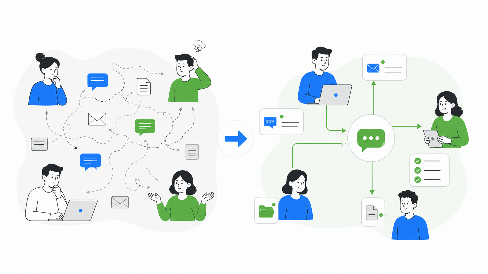 Illustration vectorielle d’une petite équipe avec des échanges mieux organisés, des informations clarifiées et une circulation plus fluide entre les différents canaux de communication.