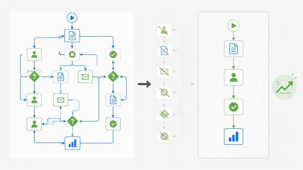 Schéma illustrant une revue de processus avec simplification d'un flux de travail avant la rentrée.